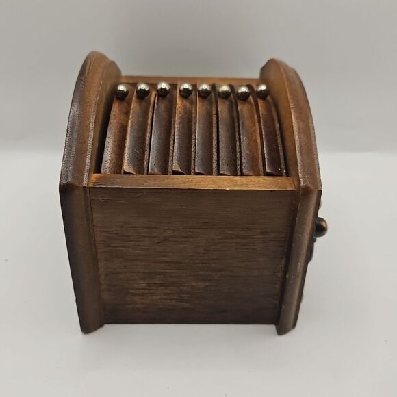 Vintage Mid-Century Modern Wooden Coaster Set of 8 with Holder Bronze Handle - Picture 3 of 16